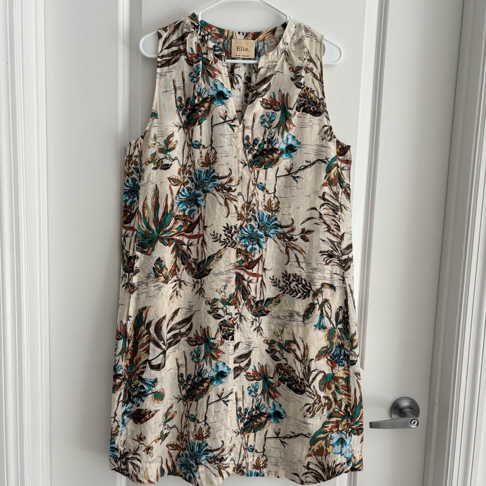 ELIE. ELIE TAHARI TROPICAL FLORAL 100% LINEN DRESS